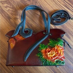 Artisan Tooled Leather Satchel with Floral Design